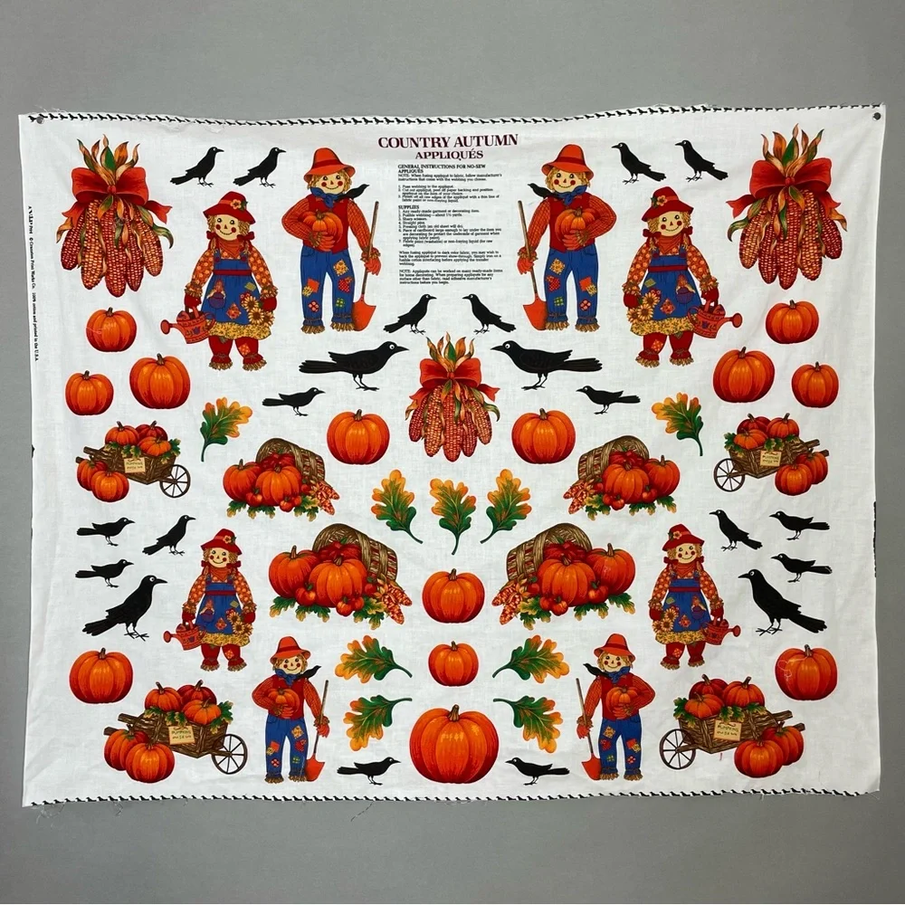Vintage Autumn Applique No-Sew Crafting Fabric Panel Halloween Thanksgiving #K31